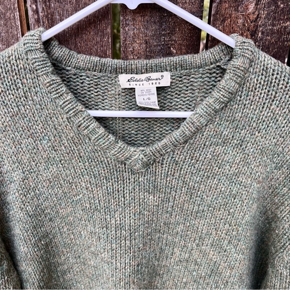 Eddie Bauer Green Wool Fair Isle Embroidery Chunky Knit V-Neck Sweater Sz L - Picture 7 of 15